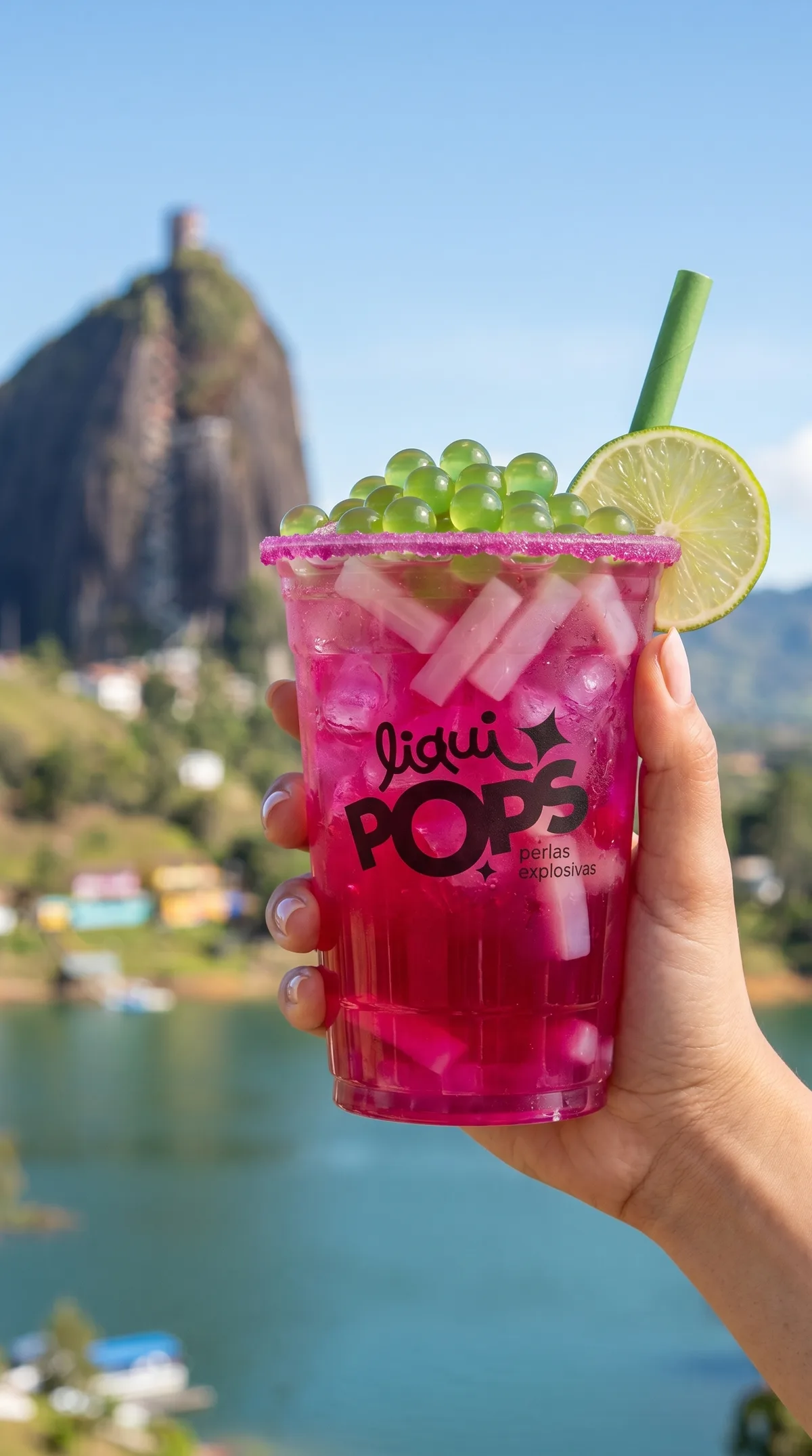 Soda loca rosada con perlas explosivas verdes LiquiPops, rodaja de limon y escarchado, frente a la Piedra del Penol
