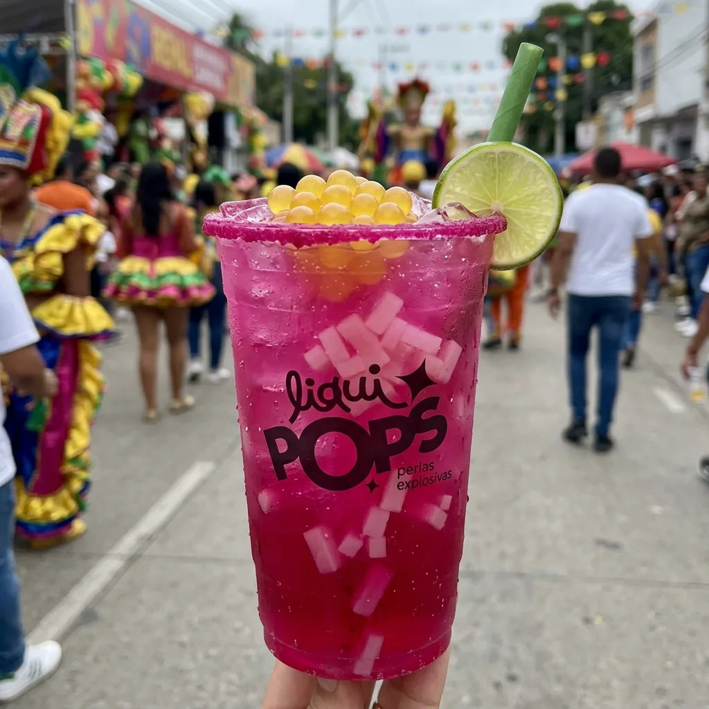 Soda loca fucsia con perlas explosivas amarillas LiquiPops — borde de chamoy, limón y trozos de coco, carnaval colombiano de fondo