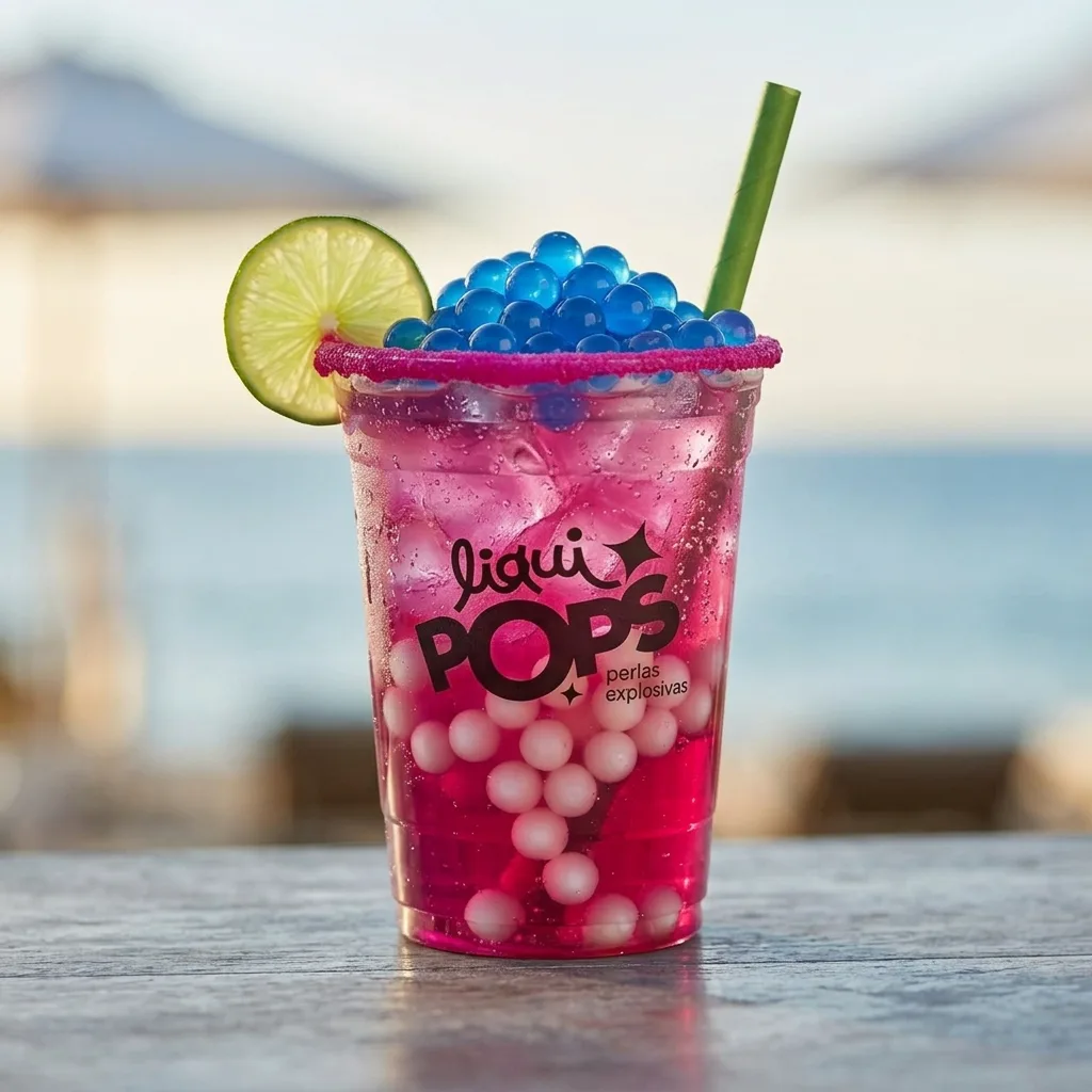 Soda loca fucsia con perlas explosivas azules LiquiPops y perlas de coco — vaso escarchado de chamoy con rodaja de lima frente al mar