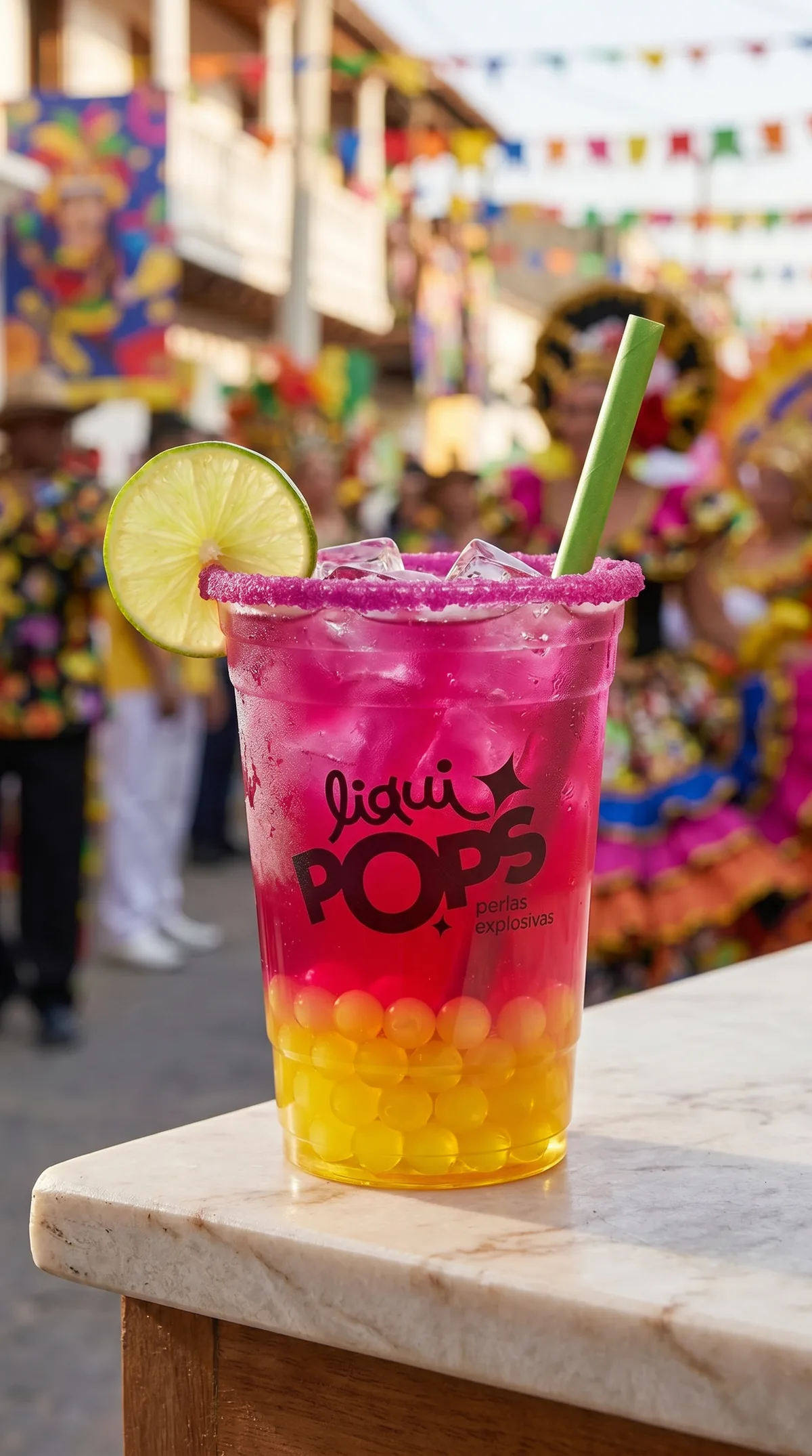 Soda loca fucsia con perlas explosivas amarillas de mango LiquiPops y rodaja de limon, en un desfile de carnaval