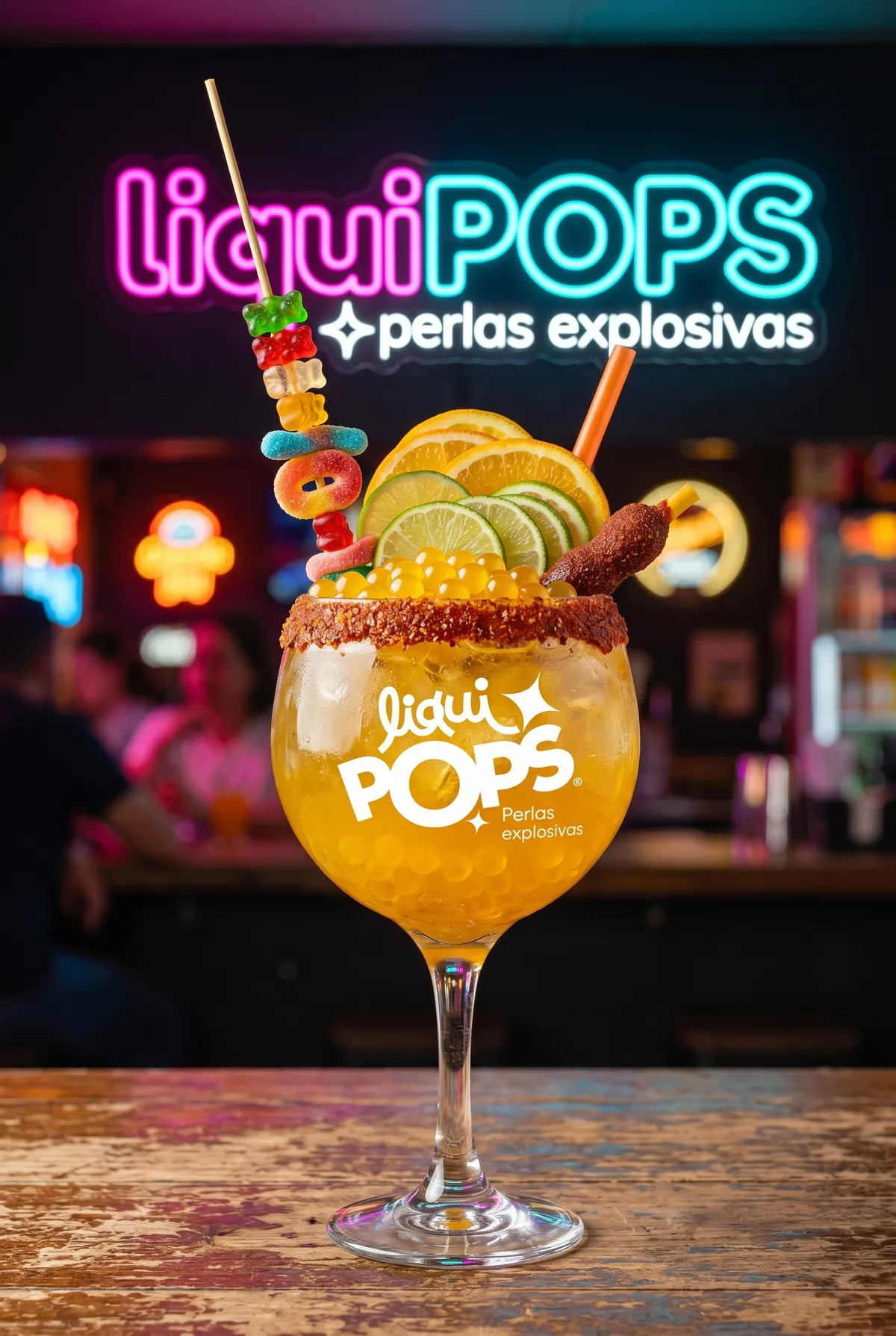 Copa de soda loca naranja sabor mango con perlas explosivas LiquiPops, rodajas de cítricos y escarcha de chamoy — barra con neón LiquiPops