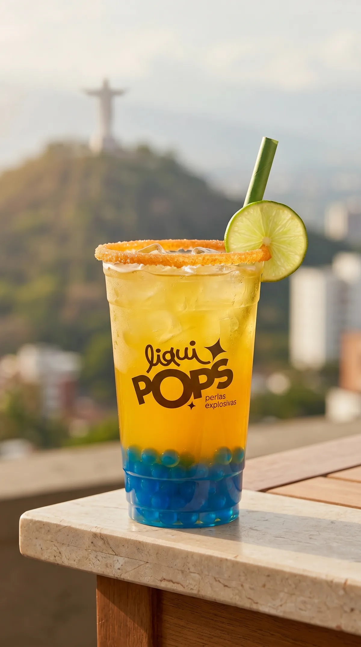 Soda loca de mango con perlas explosivas azules LiquiPops, borde escarchado y rodaja de limon sobre mesa de marmol