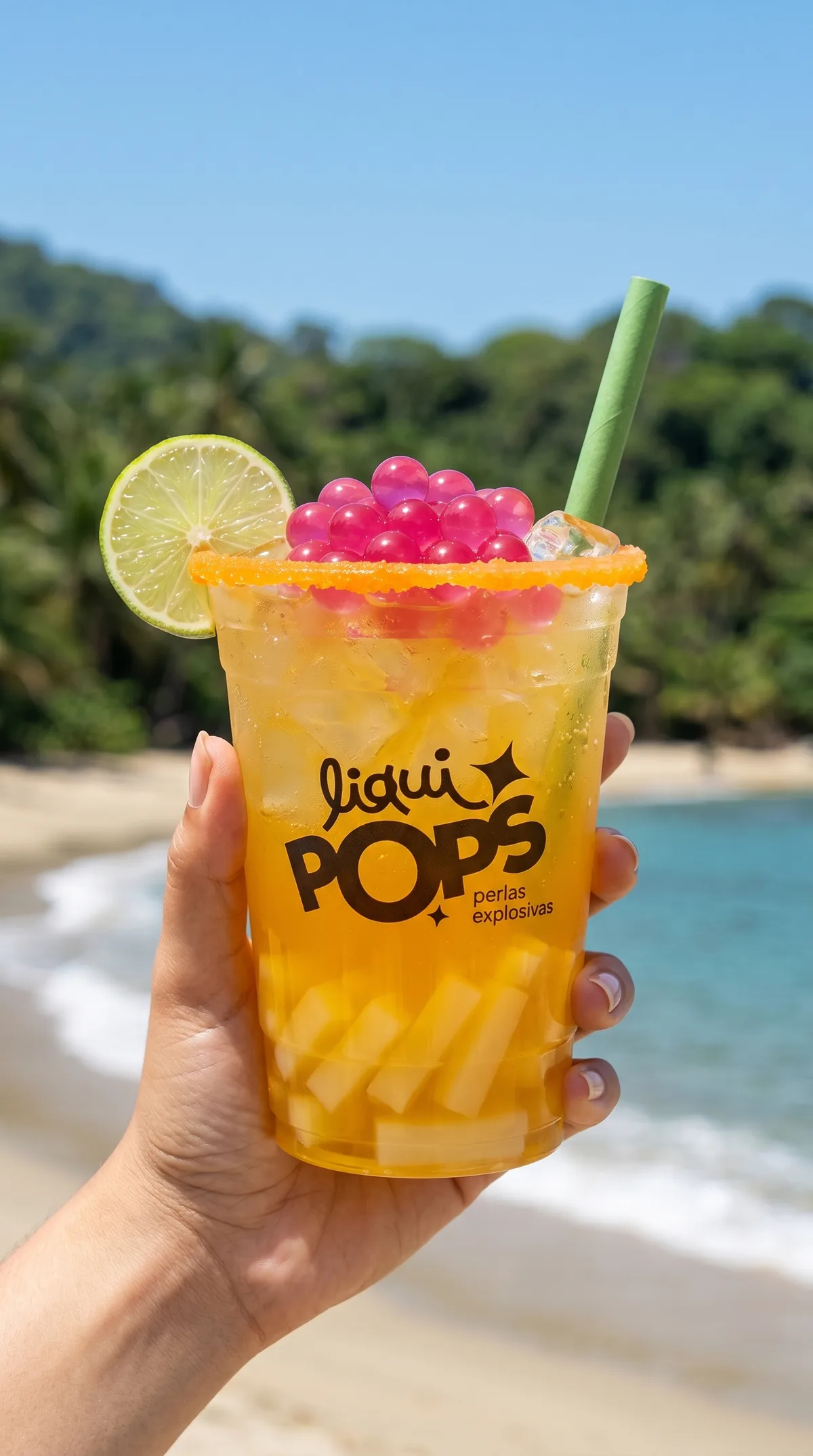 Soda loca de mango con perlas explosivas rosadas LiquiPops, escarchado naranja y limon, frente a una playa tropical