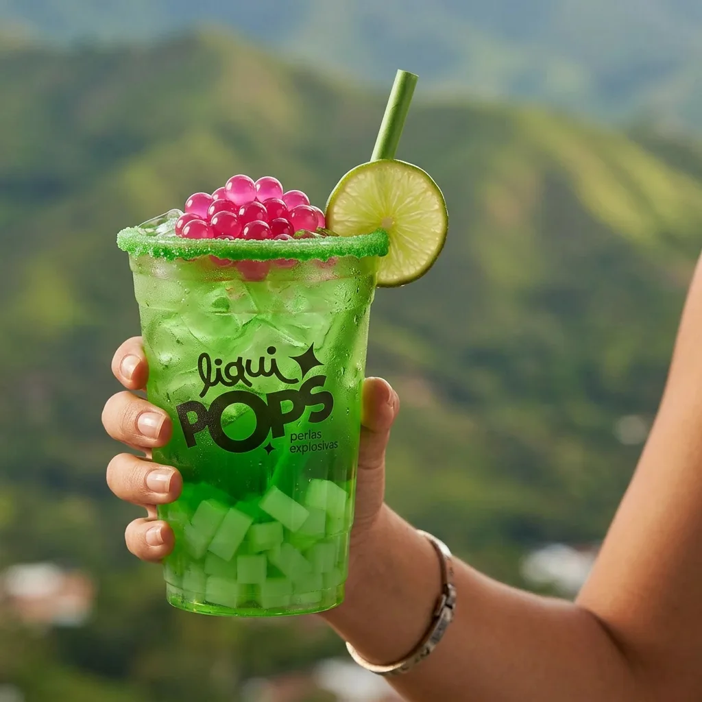 Soda loca verde de manzana con perlas explosivas rosadas de fresa LiquiPops y escarchado verde, con montañas al fondo