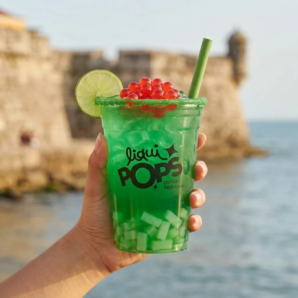 Soda loca verde con perlas explosivas rojas LiquiPops y jelly — vaso escarchado frente a una muralla junto al mar
