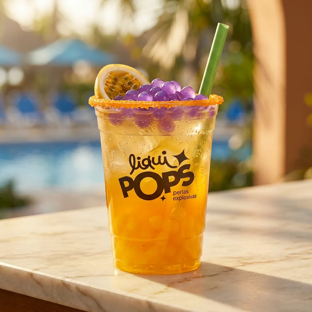 Soda loca de maracuya con perlas explosivas de uva LiquiPops y escarchado naranja, junto a la piscina