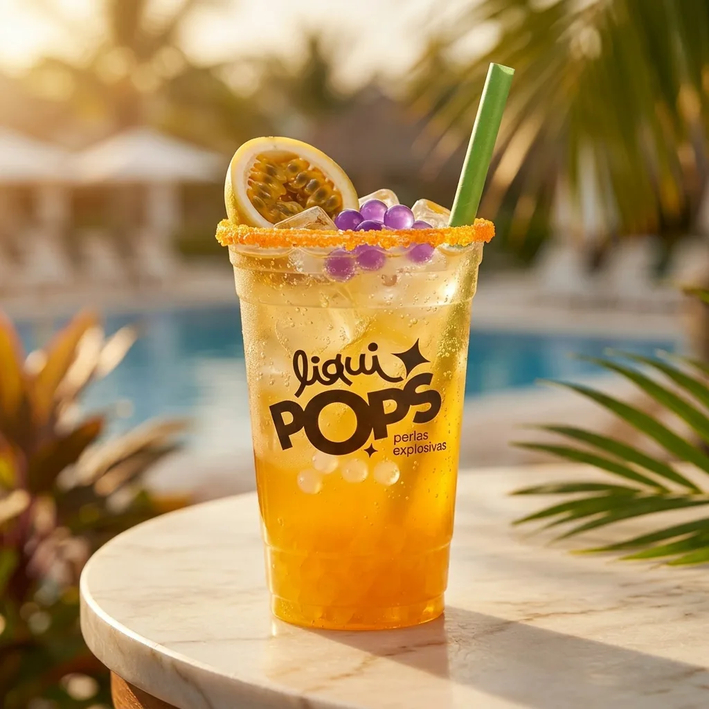 Soda loca de maracuyá con perlas explosivas de uva LiquiPops — vaso escarchado en una mesa junto a la piscina