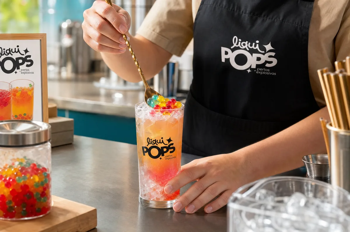 Persona con delantal LiquiPops prepara una bebida con hielo y perlas explosivas surtidas en la barra — escena de servicio