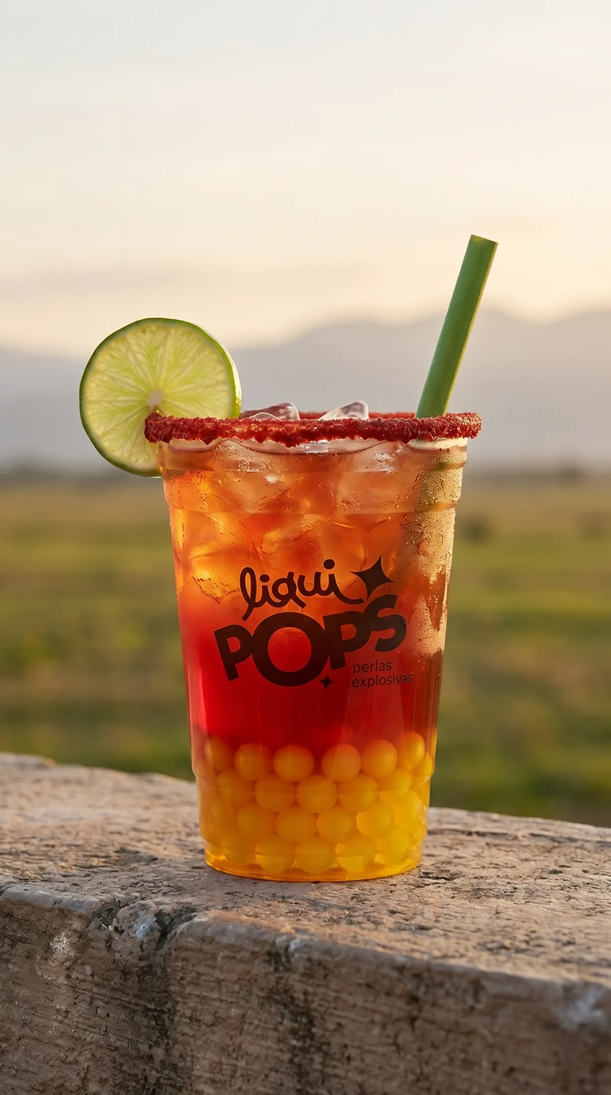 Soda loca degradado rojo y amarillo con perlas explosivas LiquiPops, en paisaje campestre al atardecer