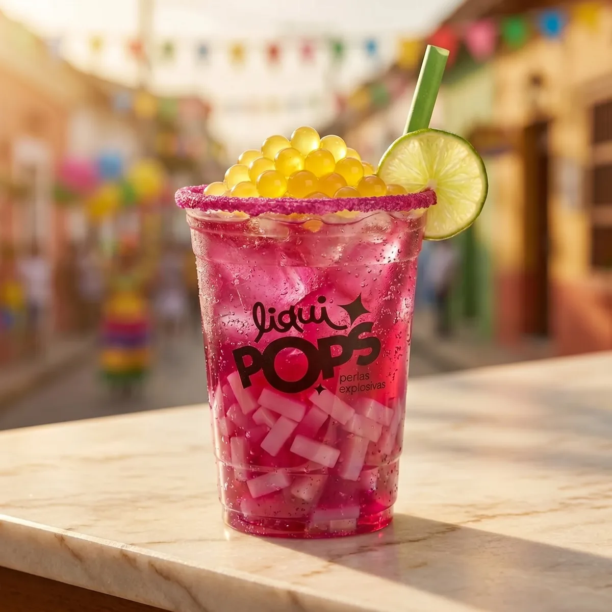 Soda loca rosada con perlas explosivas amarillas LiquiPops — vaso escarchado de chamoy con rodaja de lima en calle adornada con banderines