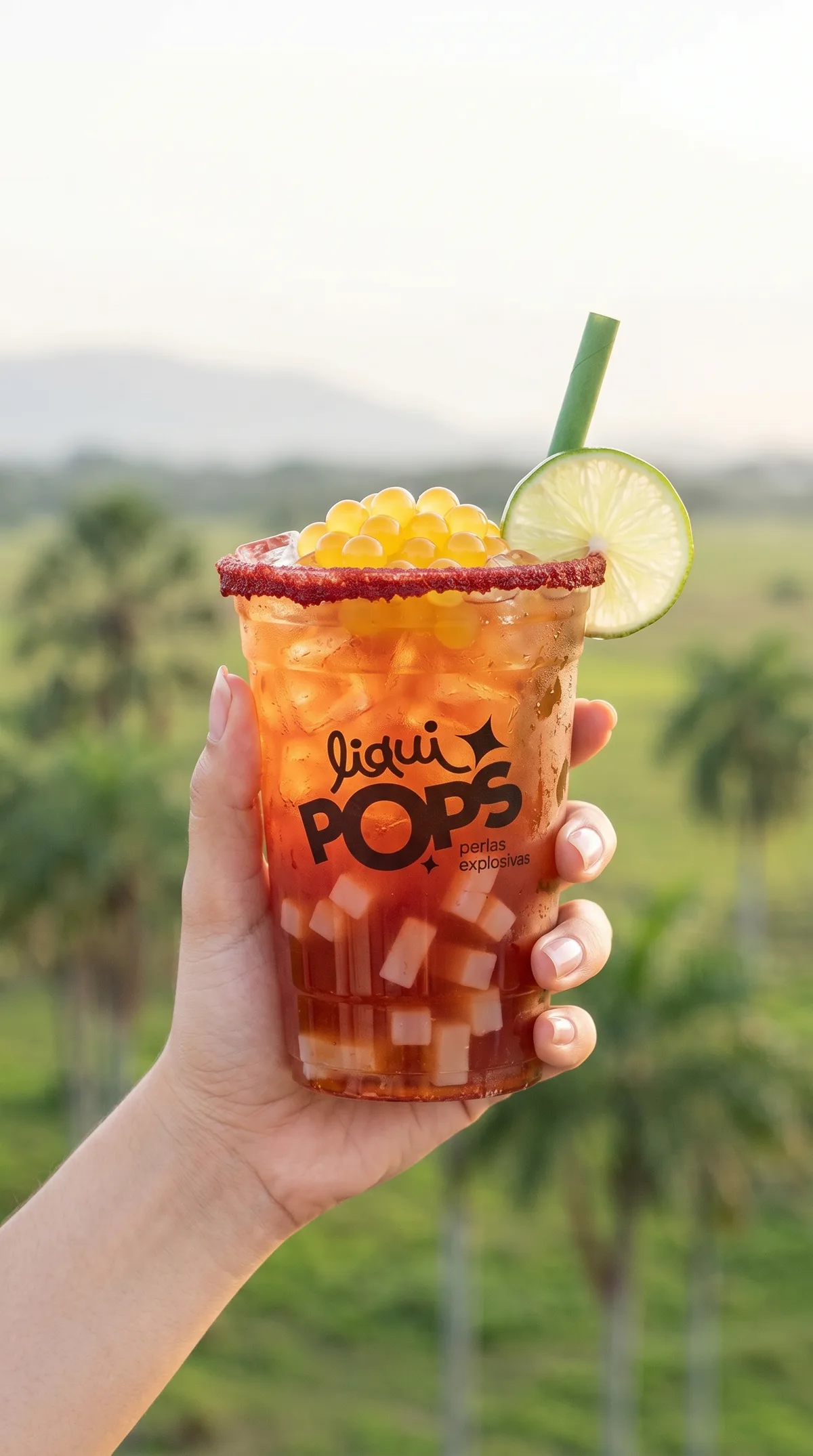 Soda loca tipo té frío con perlas explosivas amarillas y escarchado rojo LiquiPops — palmeras al atardecer