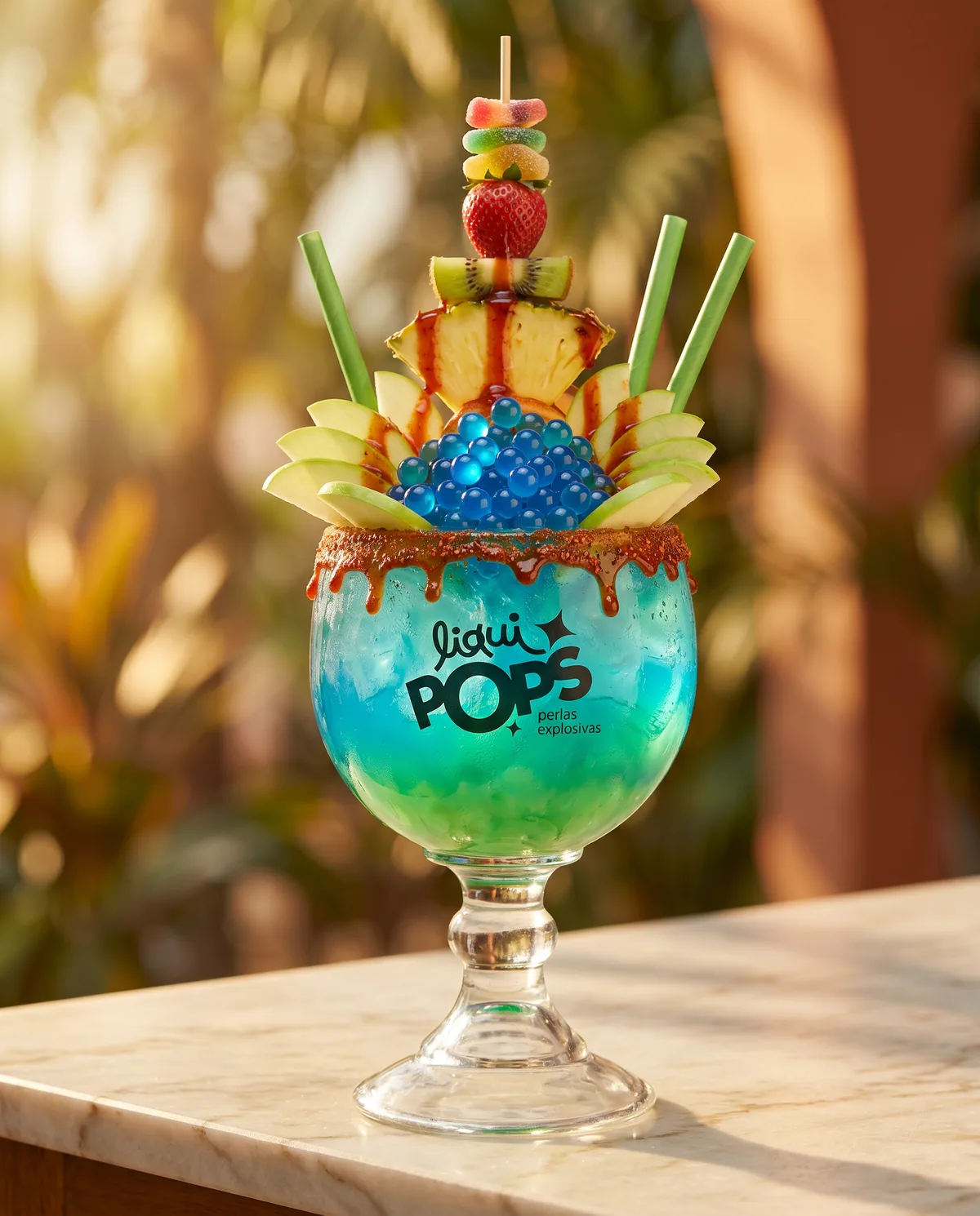 Copa de soda loca azul con perlas explosivas LiquiPops, piña, manzana y kiwi — escarcha de chamoy sobre mármol con fondo tropical