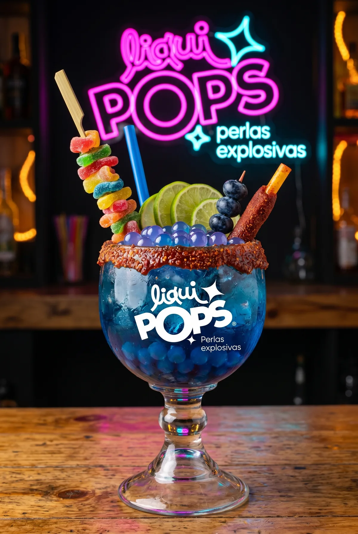 Copa de soda loca azul con perlas explosivas LiquiPops, rodajas de limón y mora — escarcha de chamoy y fondo de neón