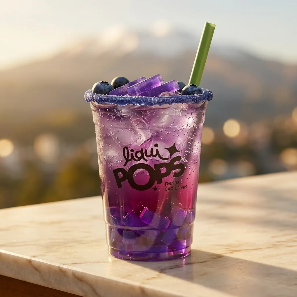 Soda loca de uva con jellys morados y perlas explosivas LiquiPops, escarchado azul con arandanos y vista a la montaña