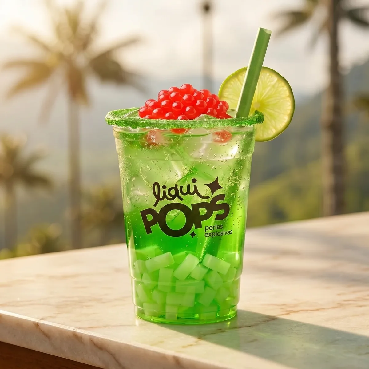 Soda loca verde con perlas explosivas rojas LiquiPops y jelly de manzana — vaso escarchado con rodaja de lima en el Valle del Cocora