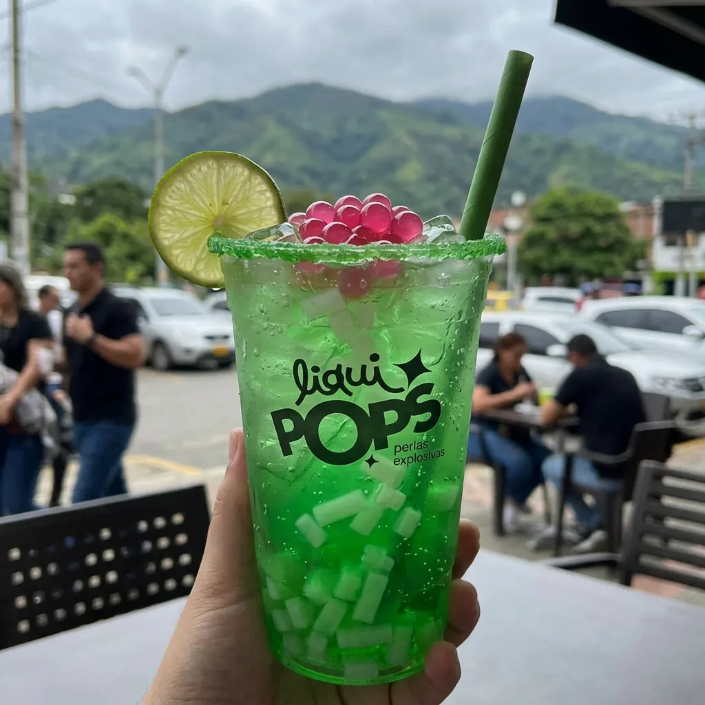 Soda loca verde con perlas explosivas rojas LiquiPops — borde escarchado, limón y trozos de coco, terraza con vista a las montañas
