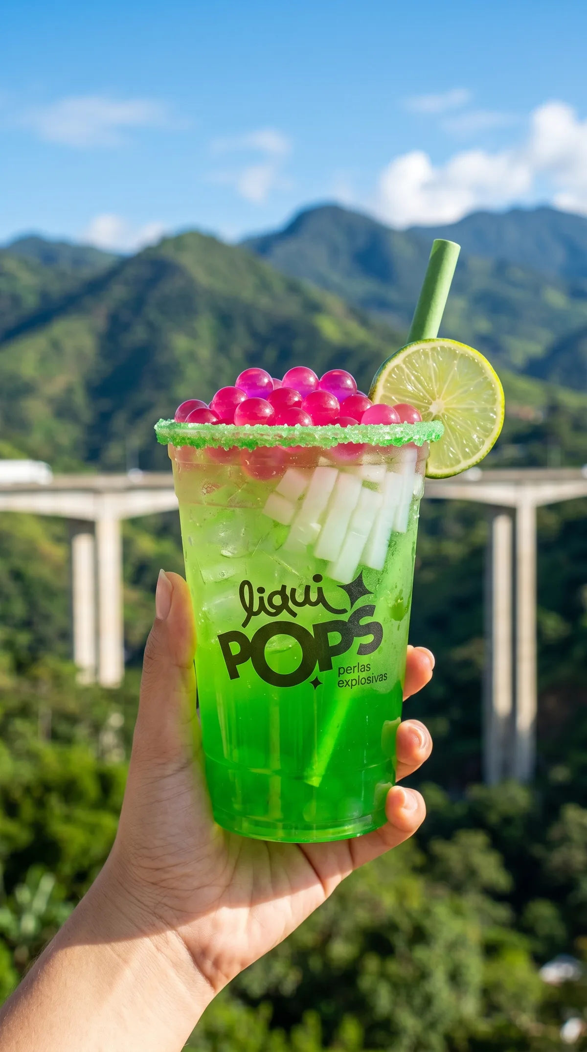 Soda loca verde con perlas explosivas rosadas LiquiPops y escarchado verde, con montañas al fondo