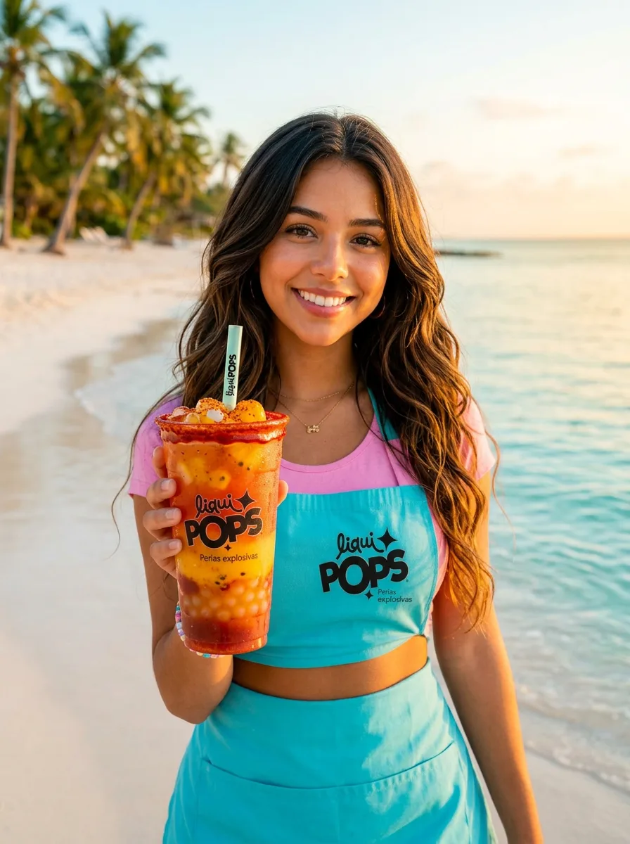 Chica con delantal LiquiPops disfrutando una soda de mango con chamoy y perlas explosivas en la playa al atardecer