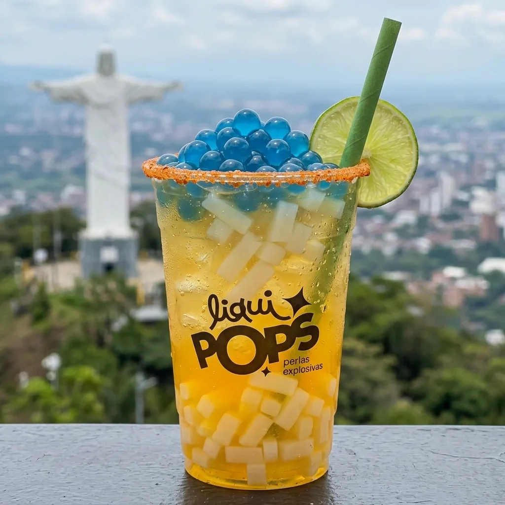 Soda de mango con perlas explosivas azules LiquiPops y trozos de jelly, borde escarchado y rodaja de limon, con el Cristo Rey de Cali al fondo