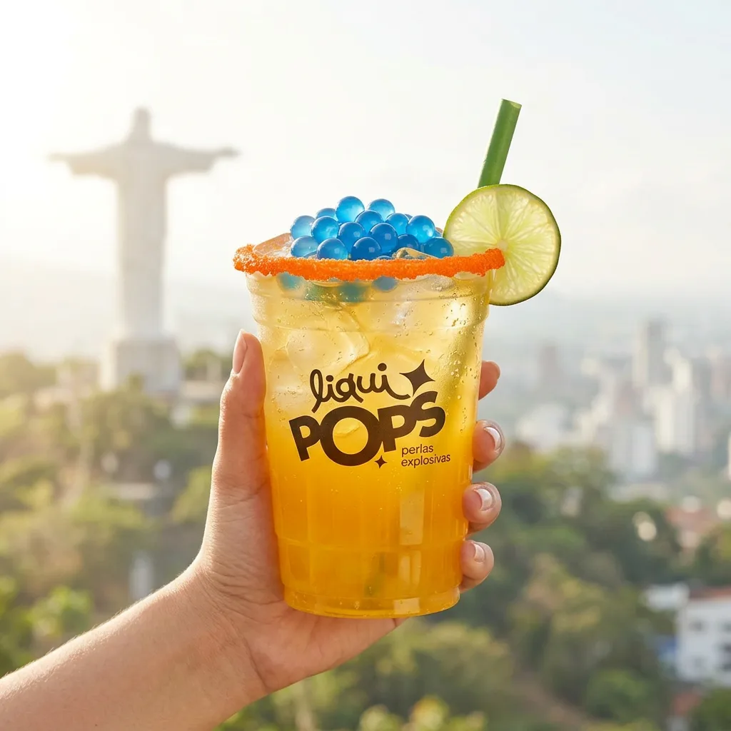 Mano sosteniendo una soda de mango con perlas explosivas azules LiquiPops y rodaja de limon, frente a una vista de la ciudad