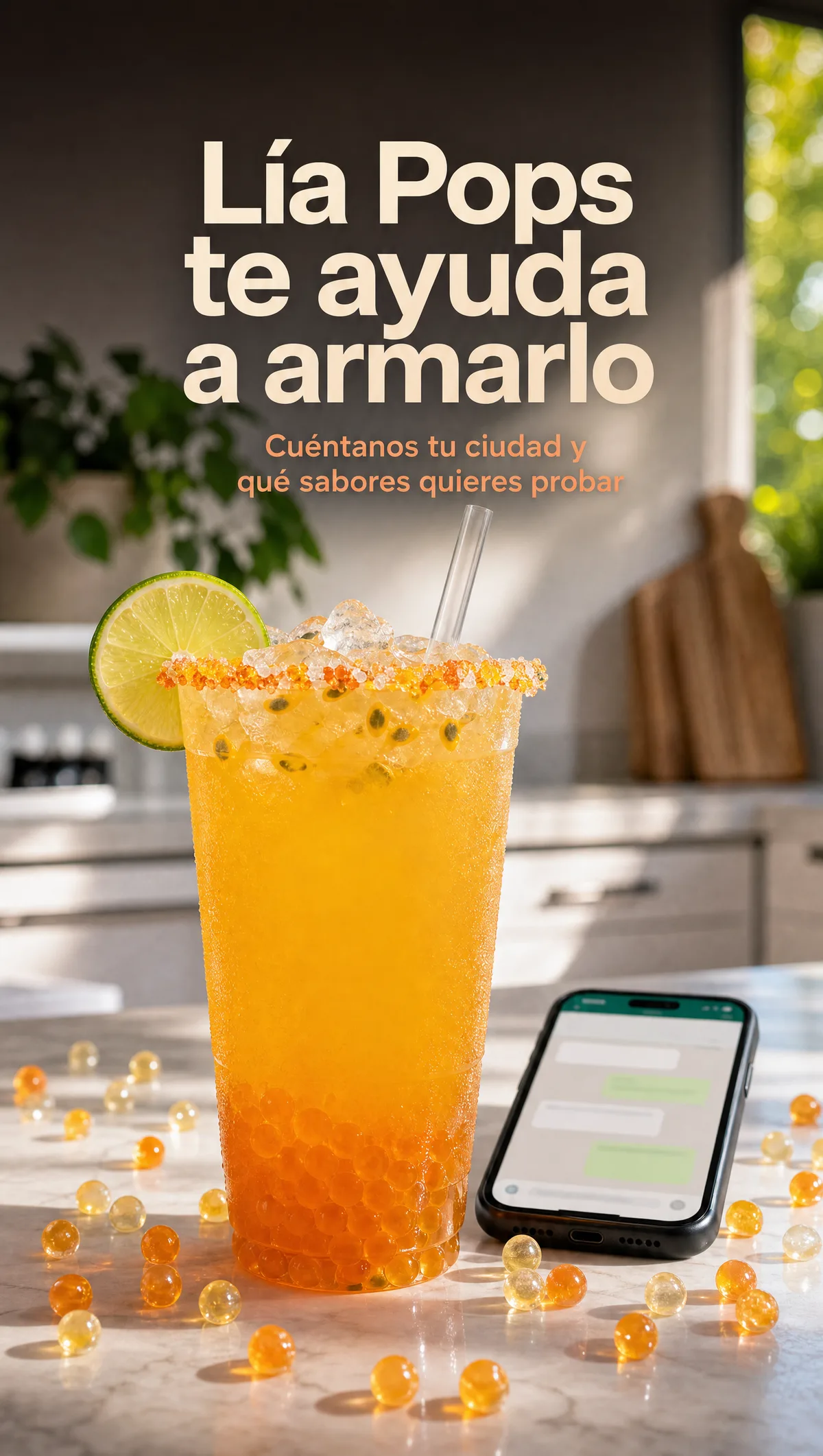 Soda de mango con perlas explosivas amarillas LiquiPops junto a un celular con chat de Lía Pops, sobre mesón de cocina