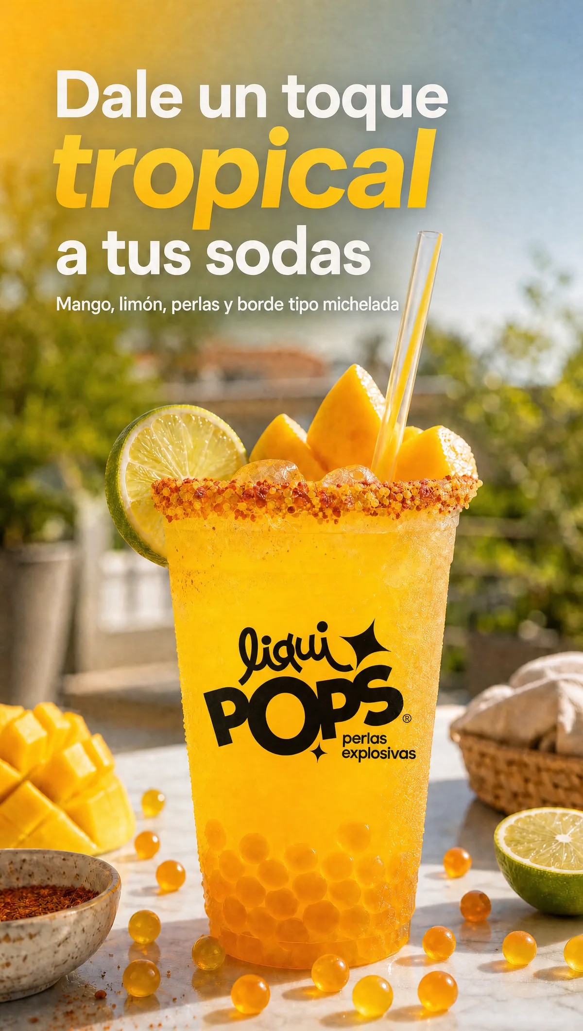 Soda de mango con perlas explosivas amarillas LiquiPops, borde tipo michelada, trozos de mango y limón, en mesa exterior