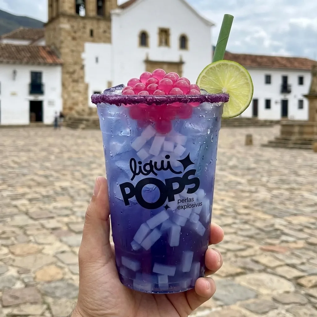 Mano sosteniendo una soda morada con perlas explosivas de fresa y cubos de coco LiquiPops, frente a una plaza colonial colombiana