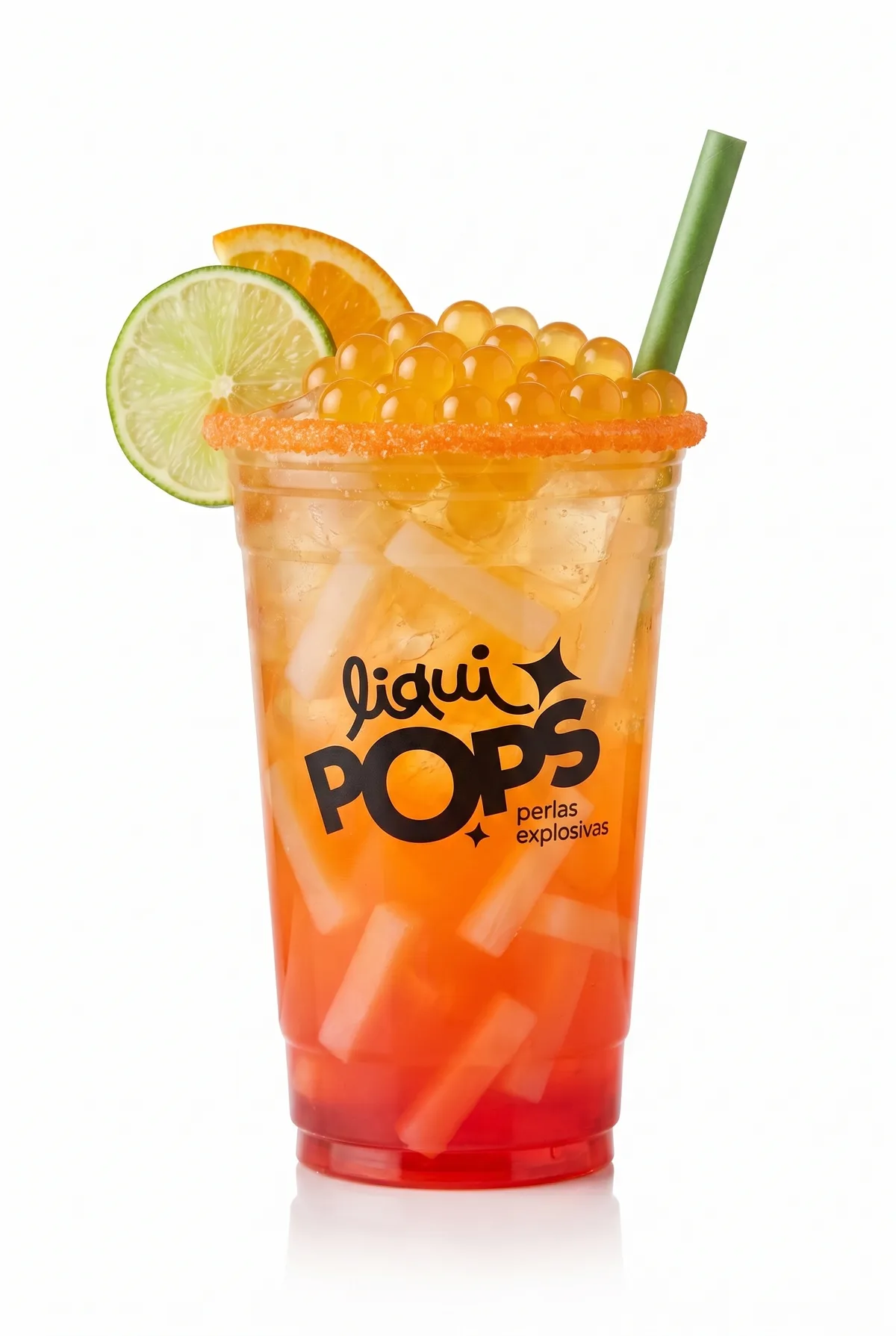 Soda degradada naranja estilo sunrise con perlas explosivas amarillas LiquiPops, jelly y escarchado — vaso decorado con naranja y limon