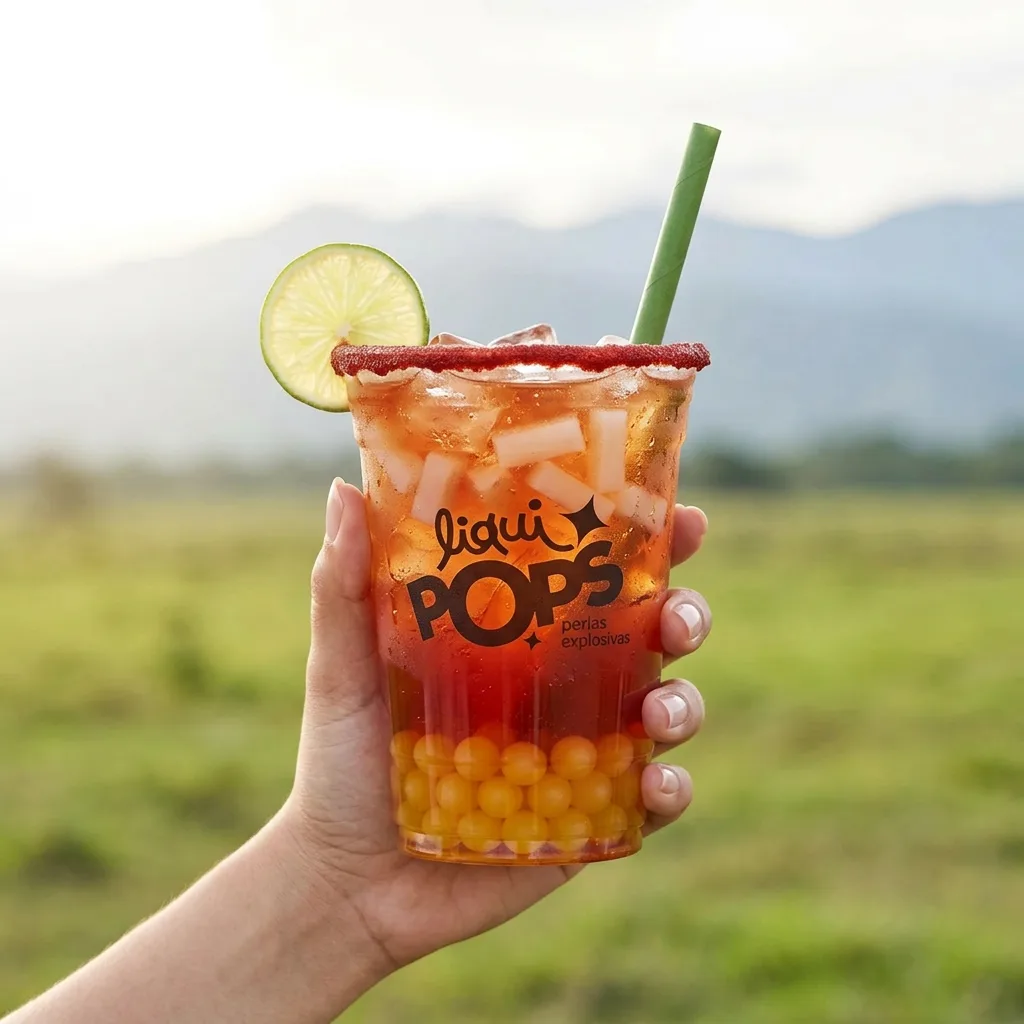 Soda de tamarindo con perlas explosivas de mango LiquiPops — vaso en mano en un campo verde