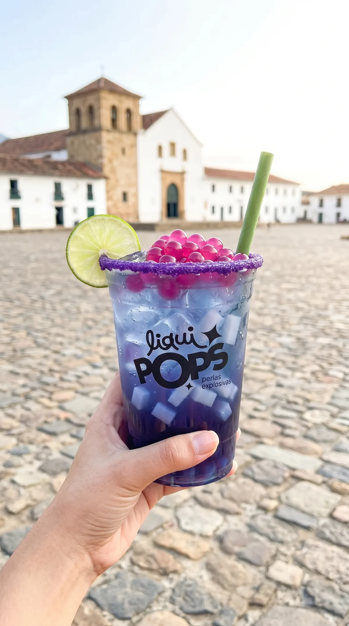 Soda morada de uva azul con perlas explosivas fucsia LiquiPops — vaso en mano en la plaza de Villa de Leyva