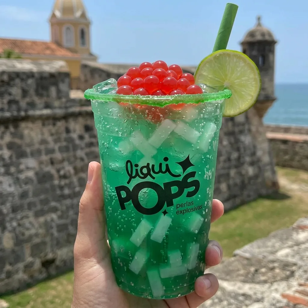 Mano sosteniendo una soda verde con perlas explosivas de fresa y cubos de coco LiquiPops, frente a una fortaleza colonial junto al mar