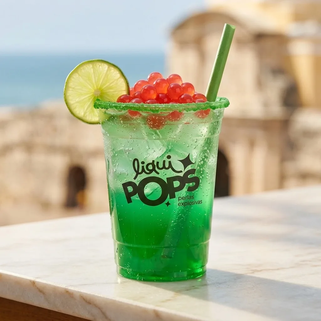 Soda verde con perlas explosivas rojas LiquiPops, borde escarchado y limon, sobre mesa de marmol con vista al mar