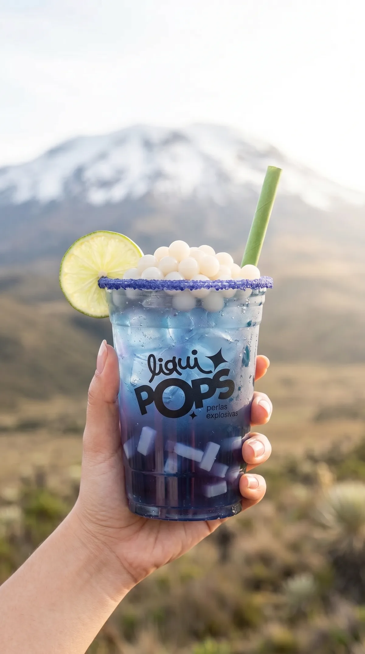 Soda violeta con perlas tipo litchi LiquiPops — vaso en mano frente a un nevado, fondo de páramo