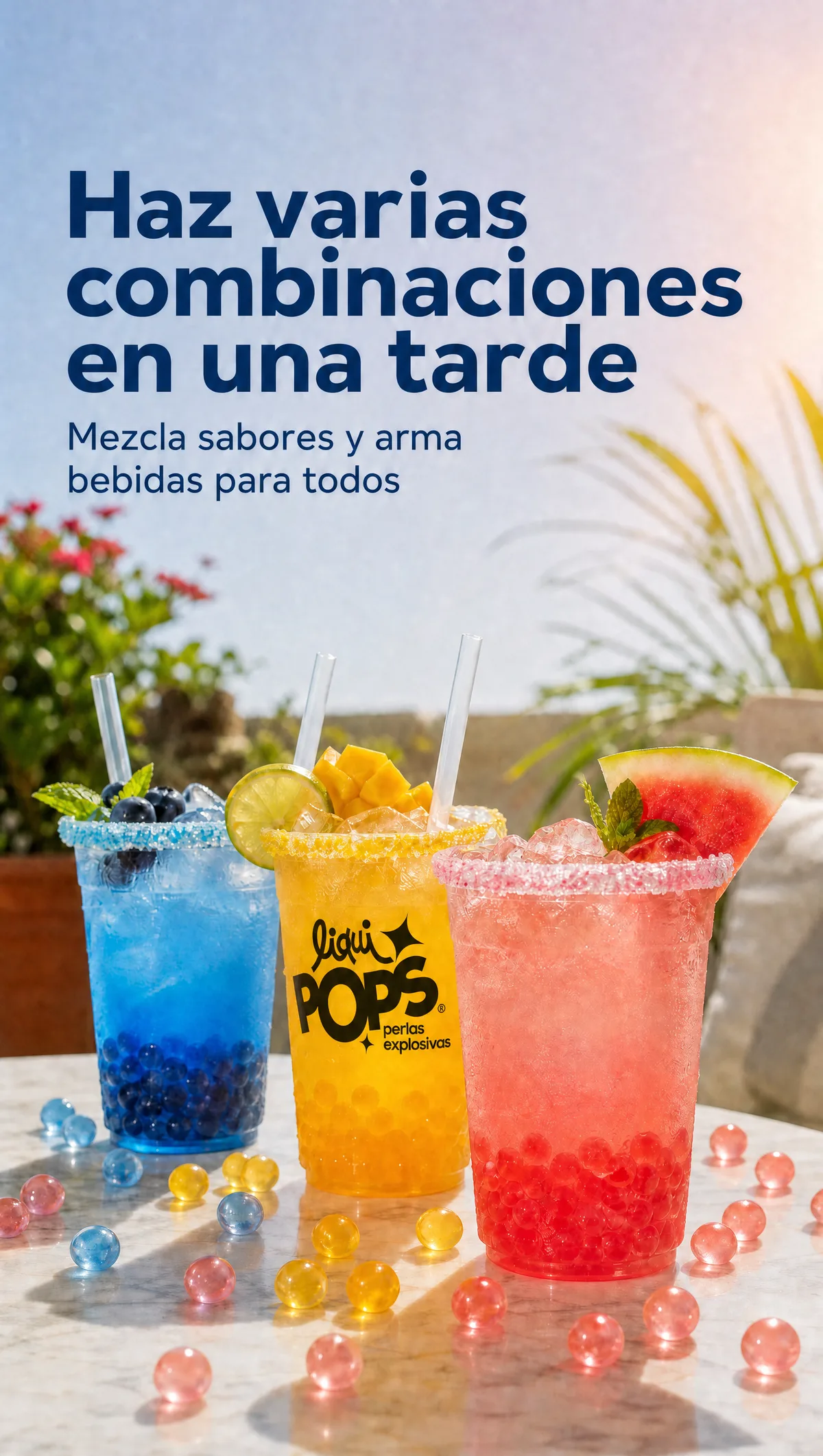 Tres sodas de colores con perlas explosivas LiquiPops azul, mango y sandía, listas para compartir en una tarde