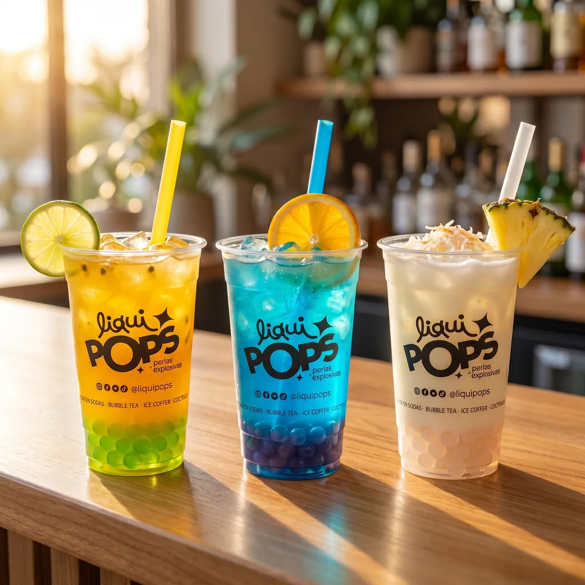 Tres sodas locas en maracuyá, curazao azul y coco-piña con perlas explosivas LiquiPops, decoradas con limón, naranja y piña — barra de bar