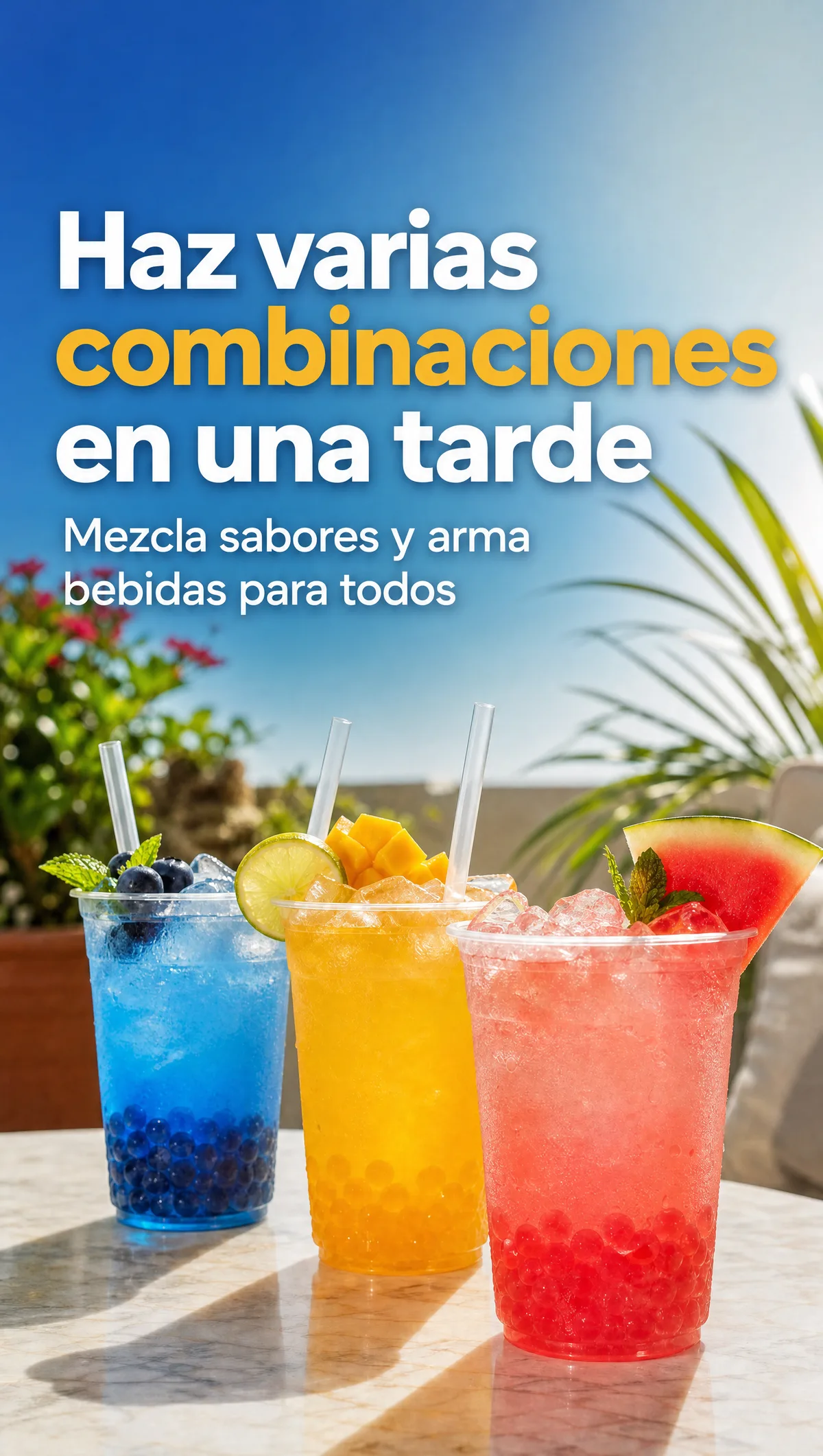 Tres sodas locas de colores (azul, amarilla y roja) con perlas explosivas LiquiPops en una mesa al aire libre — mezcla sabores y arma bebidas para todos