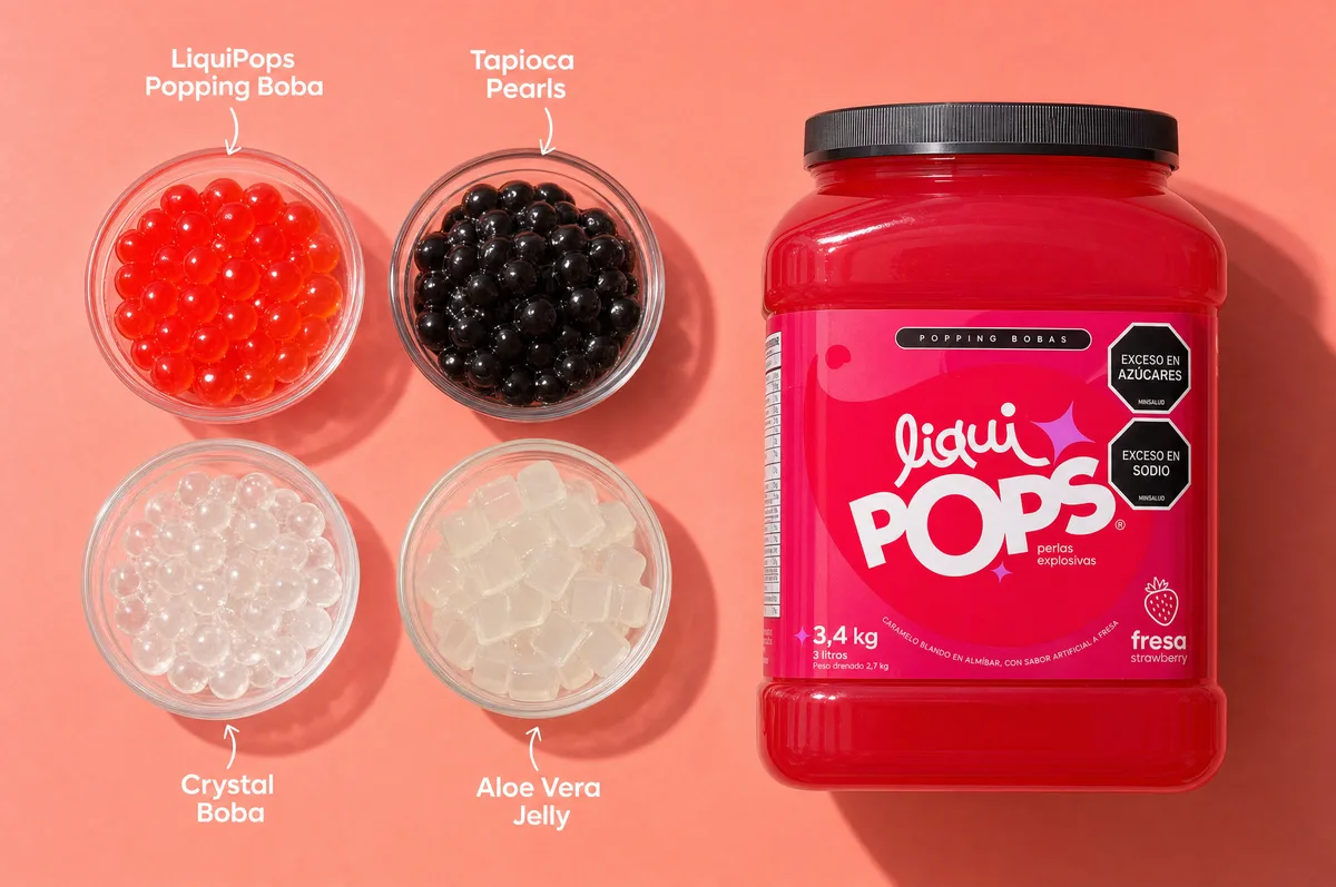 Cuatro bowls de toppings rotulados: popping boba, perlas de tapioca, crystal boba y jelly de aloe vera con perlas explosivas LiquiPops, junto a la tina de fresa de 3,4 kg