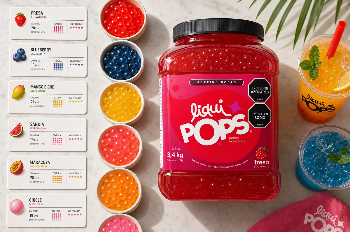 Tabla de sabores de perlas explosivas LiquiPops con fresa, blueberry, mango biche, sandia, maracuya y chicle junto al tarro de 3,4 kg