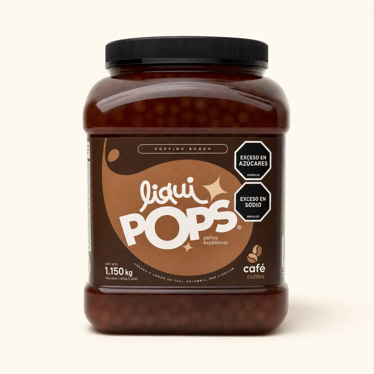 Tarro de perlas explosivas LiquiPops sabor cafe de 1.150 kg con perlas marrones a la vista — popping boba para bebidas de cafe