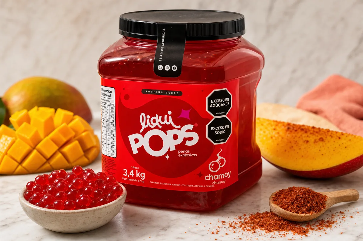 Tarro de perlas explosivas LiquiPops sabor chamoy de 3,4 kg con perlas rojas en tazon, mango con chile y chile en polvo — popping boba para preparaciones mexicanas