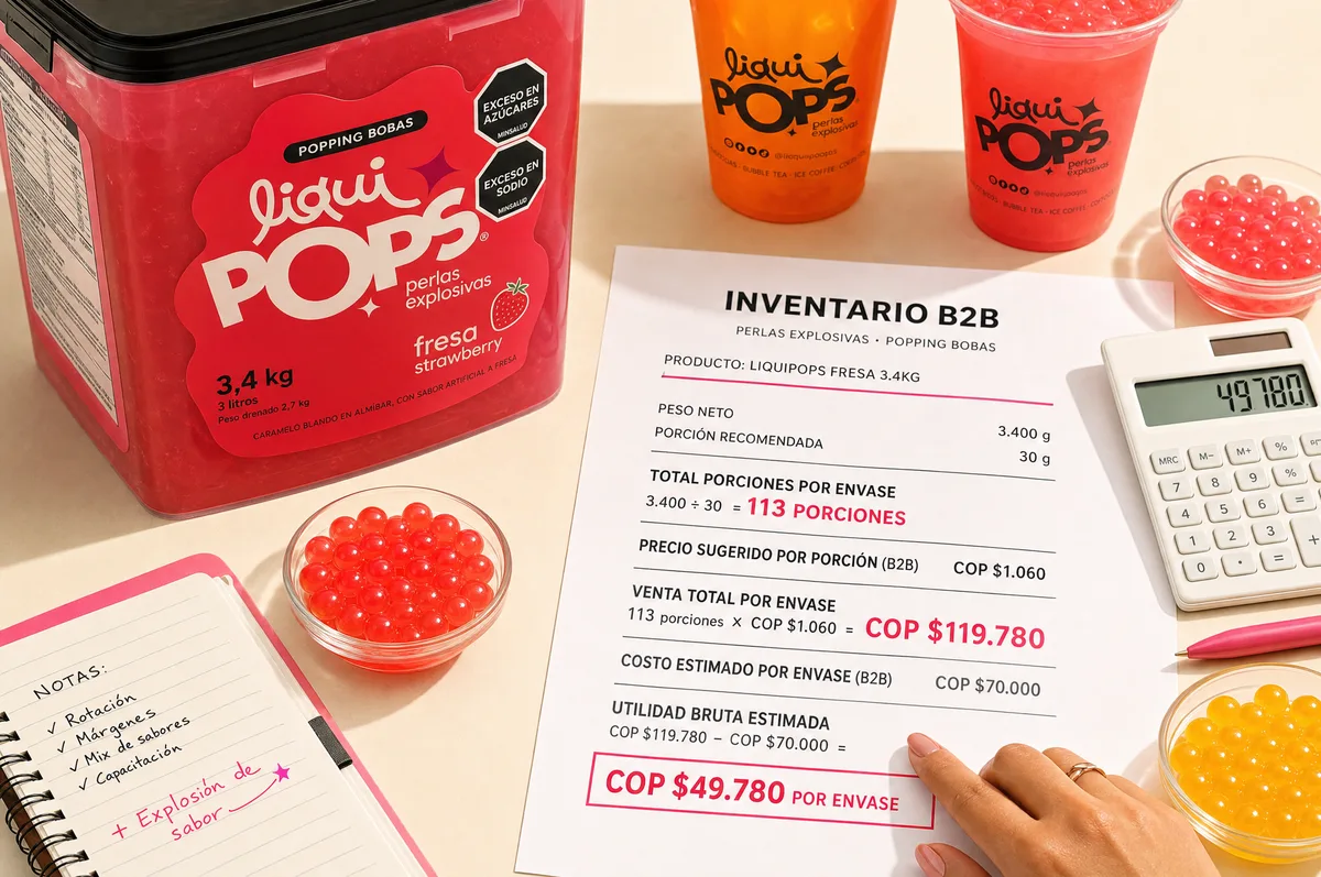 Tarro de perlas explosivas LiquiPops sabor fresa con hoja de inventario B2B, vasos de soda y perlas explosivas LiquiPops en tazones — calculo de porciones para negocios