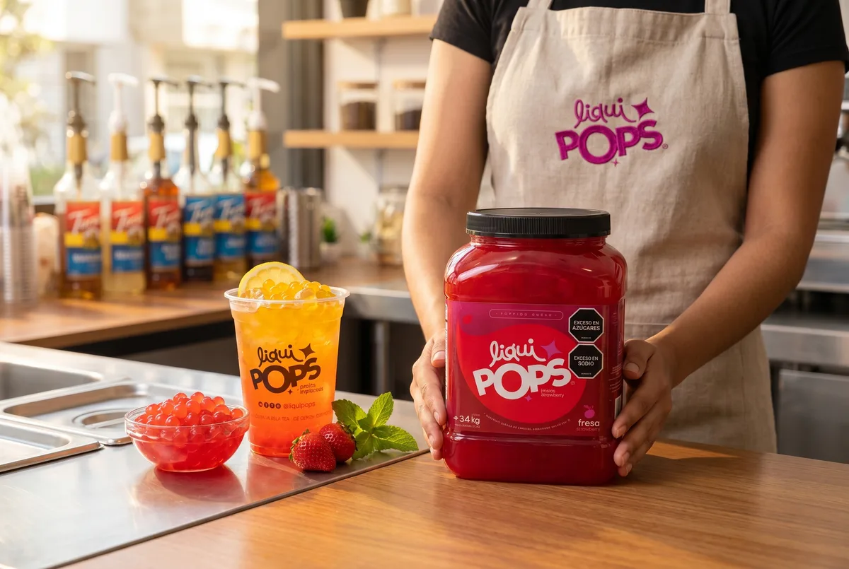 Tarro de perlas explosivas LiquiPops sabor fresa junto a una soda naranja con perlas y bowl de perlas rojas en barra de cafetería — contexto de negocio