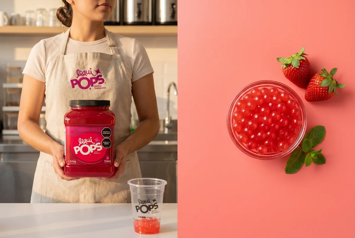 Vendedora con delantal LiquiPops sostiene un tarro de perlas explosivas sabor fresa junto a bowl de perlas y fresas frescas — composición dividida sobre coral