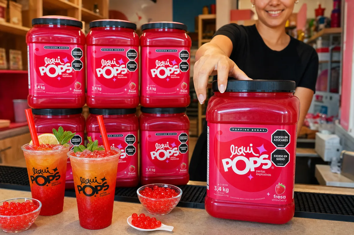 Tarros de perlas explosivas LiquiPops sabor fresa apilados en barra, con dos sodas rojas y perlas explosivas LiquiPops servidas — escena de mostrador