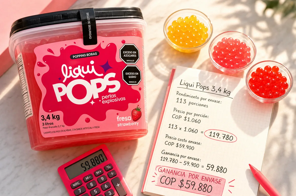 Tarro de perlas explosivas LiquiPops sabor fresa junto a perlas amarillas y rojas y nota de rendimiento por envase — calculo de porciones
