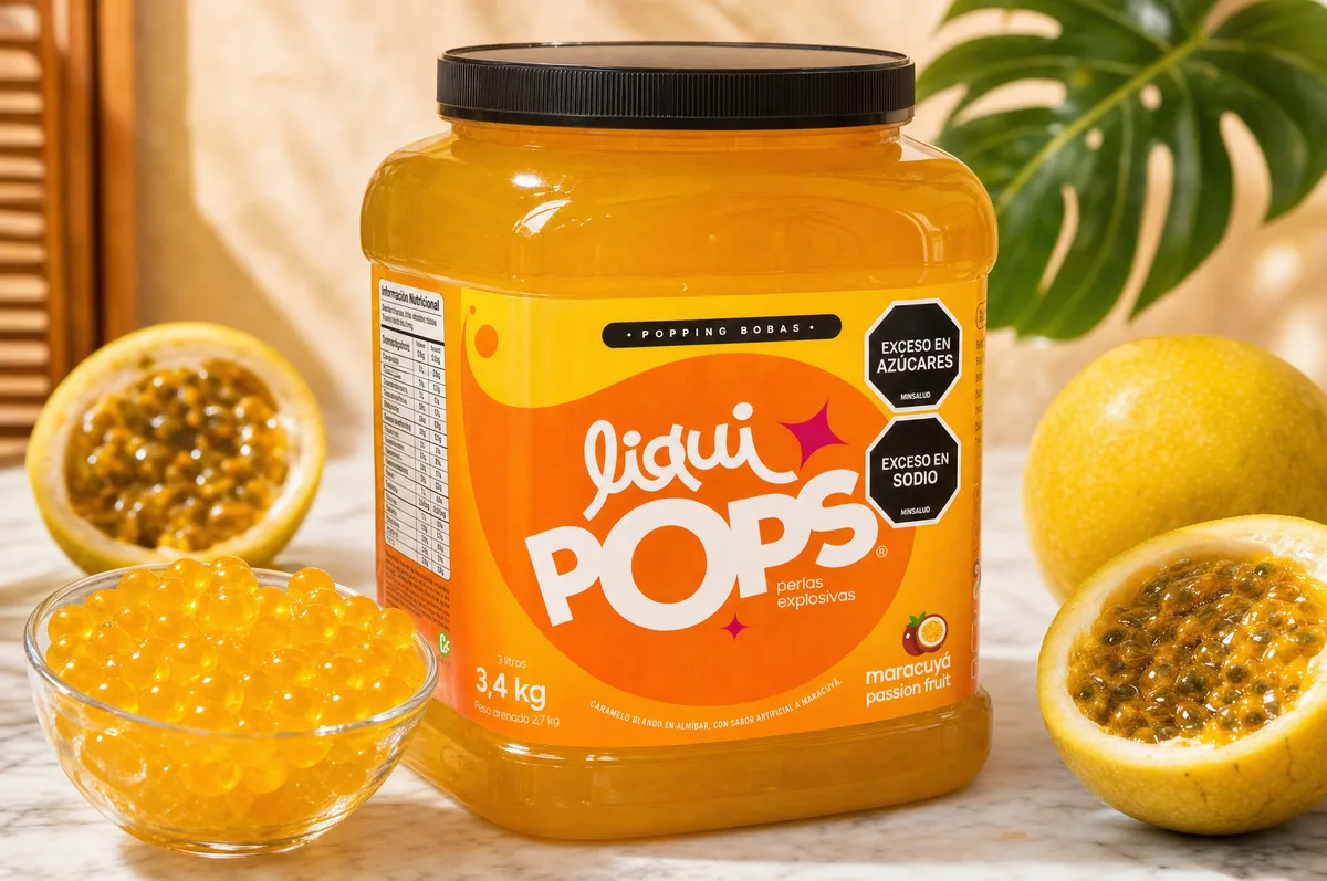 Tarro de perlas explosivas LiquiPops sabor maracuya de 3,4 kg con perlas amarillas en tazon y maracuyas partidas — escena tropical de passion fruit