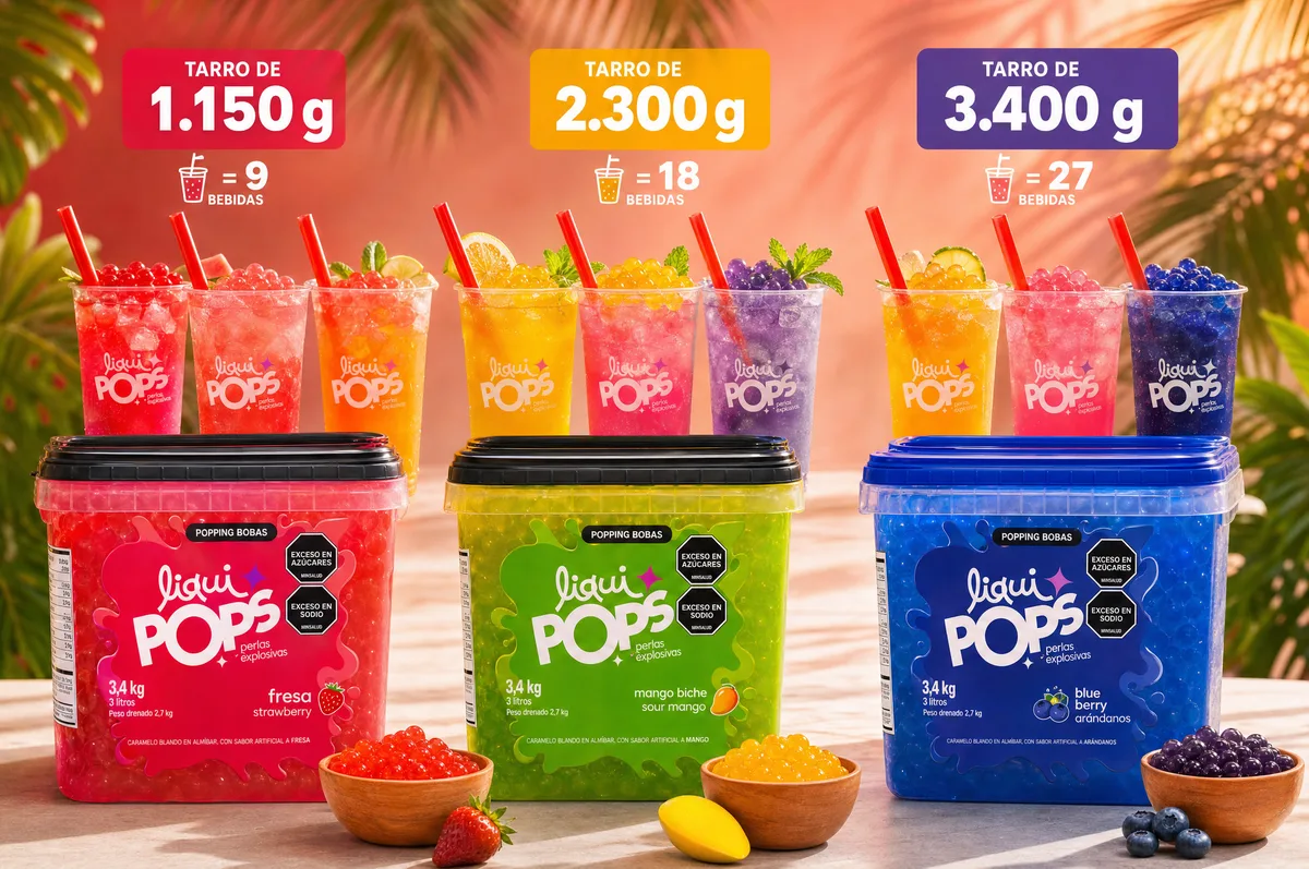 Tres tarros de perlas explosivas LiquiPops de 1150 g, 2300 g y 3400 g con bebidas de colores y frutas alrededor