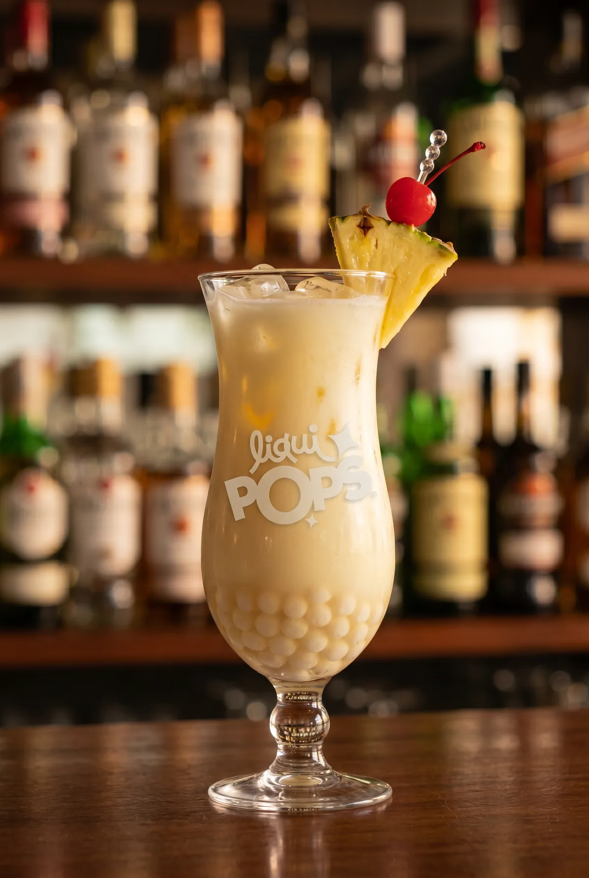Cóctel tipo tequila sunrise naranja con perlas explosivas de mango LiquiPops, rodaja de naranja y menta — vaso huracán en bar luminoso