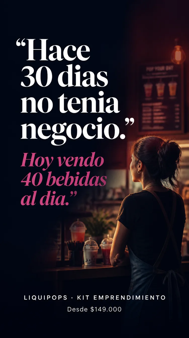 Pieza testimonial de emprendedora en su barra de bebidas con perlas explosivas LiquiPops, kit de emprendimiento