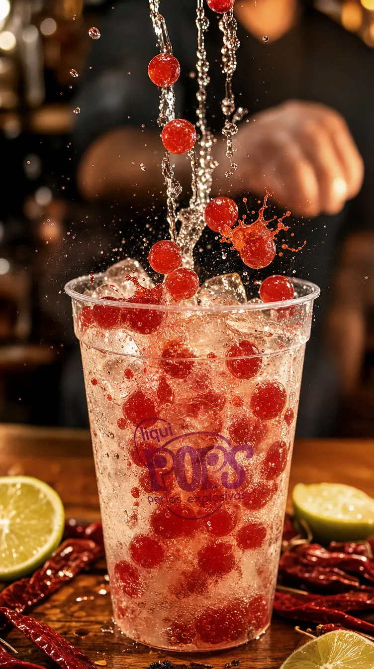 Pieza grafica tropical con perlas explosivas LiquiPops de colores como topping para bubble tea en Colombia